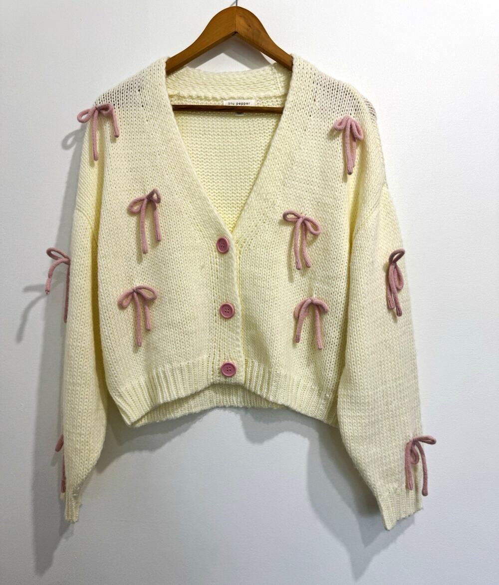 Blu Pepper Women's Ivory Chunky Knit V-Neck Bow Button Cardigan Sweater S